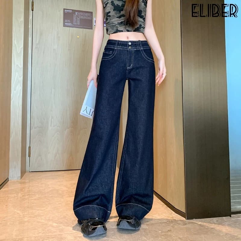 ELIBER- Quần jean ống loe nhẹ cạp đôi không ôm sát đùi, quần ống đứng cạp cao tôn dáng thon gọn cho nữ