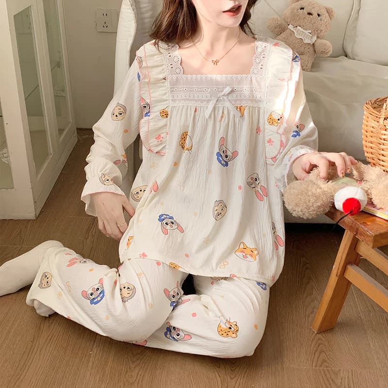 Bộ Đồ Ngủ Nữ Bộ Đồ Ngủ Mùa Thu Đông Tay Dài Đồ Ngủ Người Phụ Nữ Lưới Sọc Mặc Ở Nhà