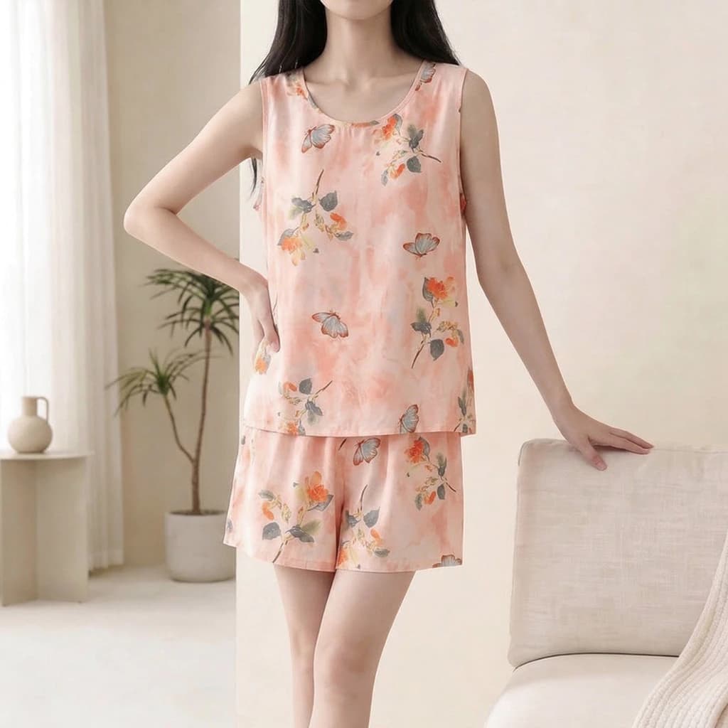 Bộ Đồ Ngủ Nữ Cotton Lụa Mùa Hè Ánh Sáng Thoải Mái Tốt Thoáng Khí Không Tay Quần Short Bộ Đồ Ngủ Bộ 2 Món Có Thể Mặc Bên Ngoài Đồ Gia Đình Dễ Thương
