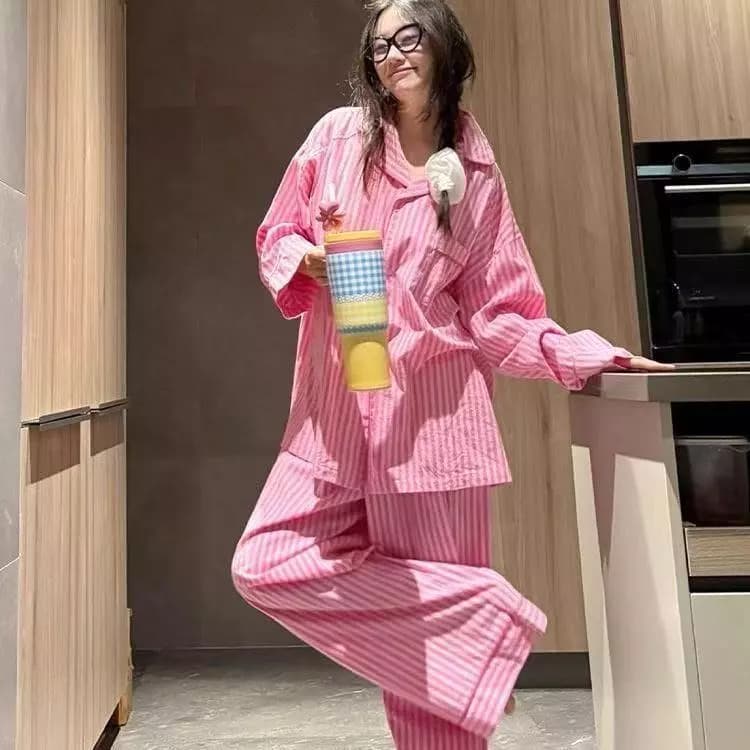 Quần áo ngủ sọc màu hồng Cloud Cotton dành cho nữ Quần dài tay đầy đủ Bộ đồ ngủ
