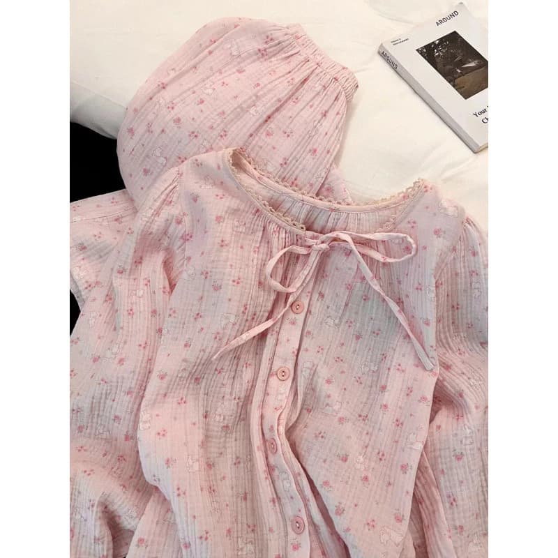 Bộ Đồ Ngủ Hoa Pháp Nữ Xuân Thu Dài Tay Đám Mây Ngọt Ngào Cotton Loungewear Phù Hợp Với