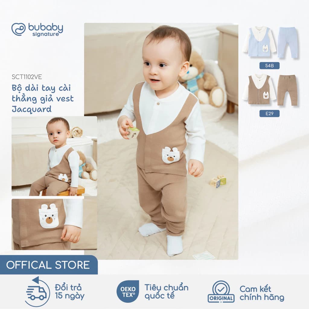 Bộ quần áo dài tay giả vest Jacquard BU Baby, bộ thời trang bé trai bé gái, bộ đồ sơ sinh | SCT1102VE