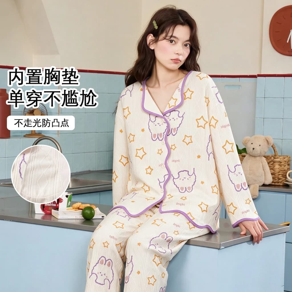 Bộ Đồ Ngủ Có Đệm Bộ Đồ Ngủ Nữ Bộ Thu Đông Tay Dài Đồ Ngủ Người Phụ Nữ Hoạt Hình Dễ Thương Mặc Ở Nhà