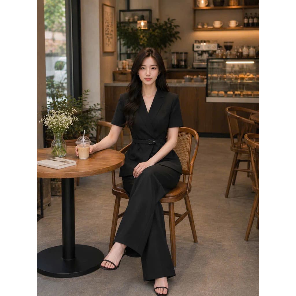 Set Vest Cổ V Vạt Chéo Tay Ngắn Cao Cấp Áo 2 Lớp Phối Quần Tây Ống Suông Tôn Dáng Thanh Lịch NY NA STORE