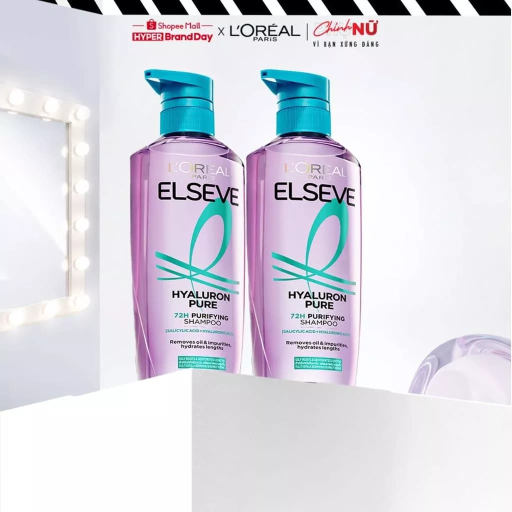 Bộ đôi dầu gội nhẹ bồng tóc 72H HA Moist da đầu khô hoặc Pure da đầu dầu L'Oreal Paris 620mlx2