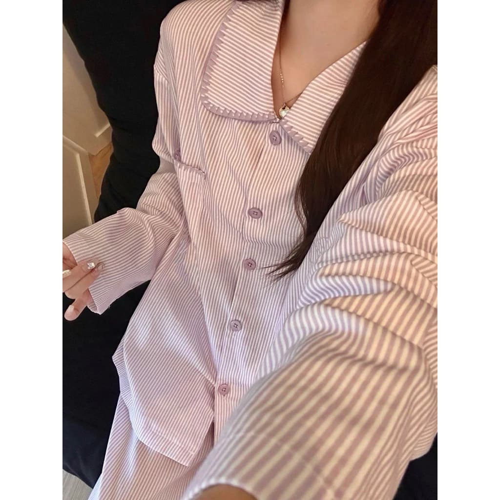 Order - Bộ Pijama Nữ Kẻ Sọc Tím Phong Cách Hàn Quốc, Dài Tay Form Rộng