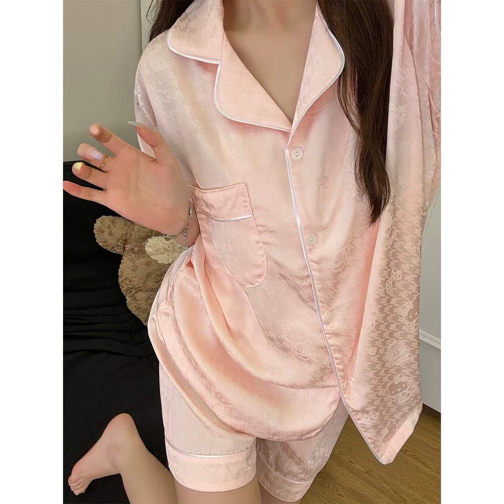 Bộ Đồ Ngủ Nữ Ice Silk Light Thoải Mái Khả Năng Thở Tốt Quần Short Tay Ngắn Cardigan Bộ Đồ Ngủ Bộ 2 Món Có Thể Mặc Bên Ngoài Đồ Gia Đình Dễ Thương