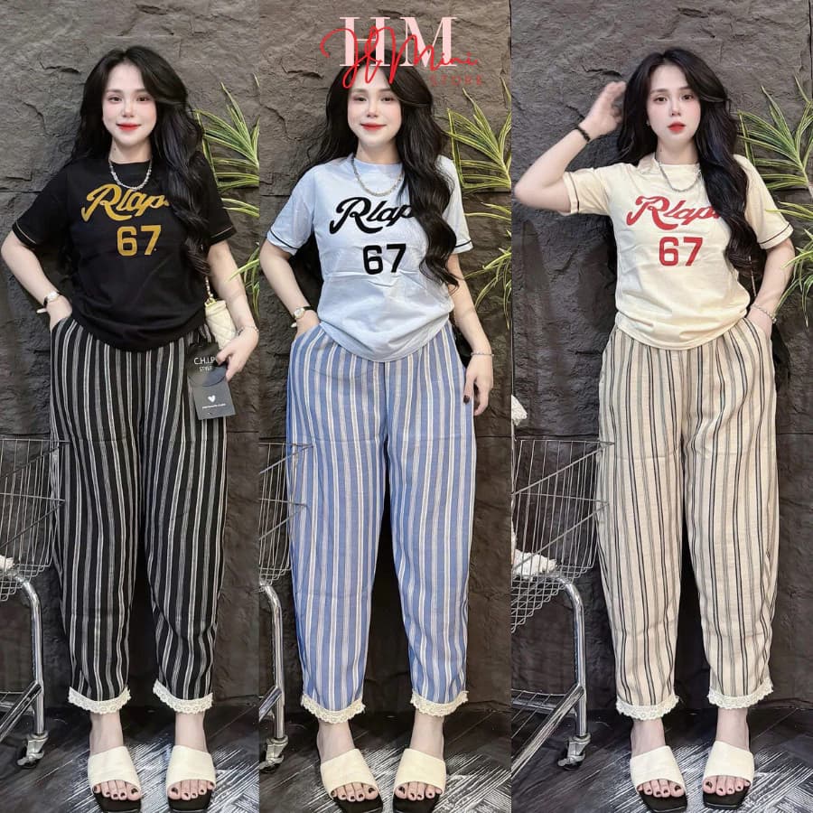 (Bigsize 45-85kg)Set đồ bộ mặc nhà áo thun cotton in chữ phối quần sọc lenin dáng baggy 3 màu