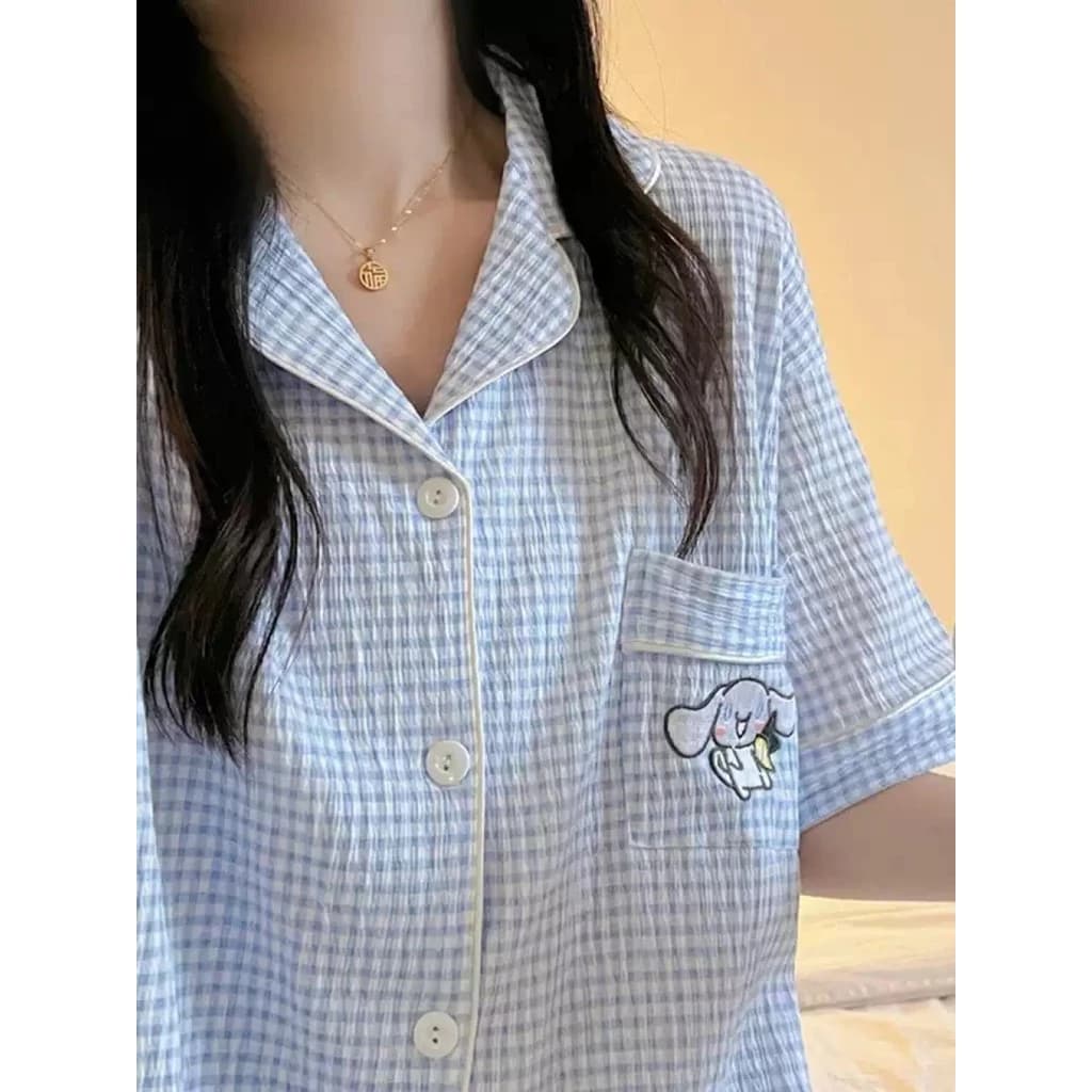 Bộ đồ ngủ nữ ngắn tay kẻ caro xanh thêu hình dễ thương vải cotton mát mẻ mùa hè ✨Luyoo24.vn✨