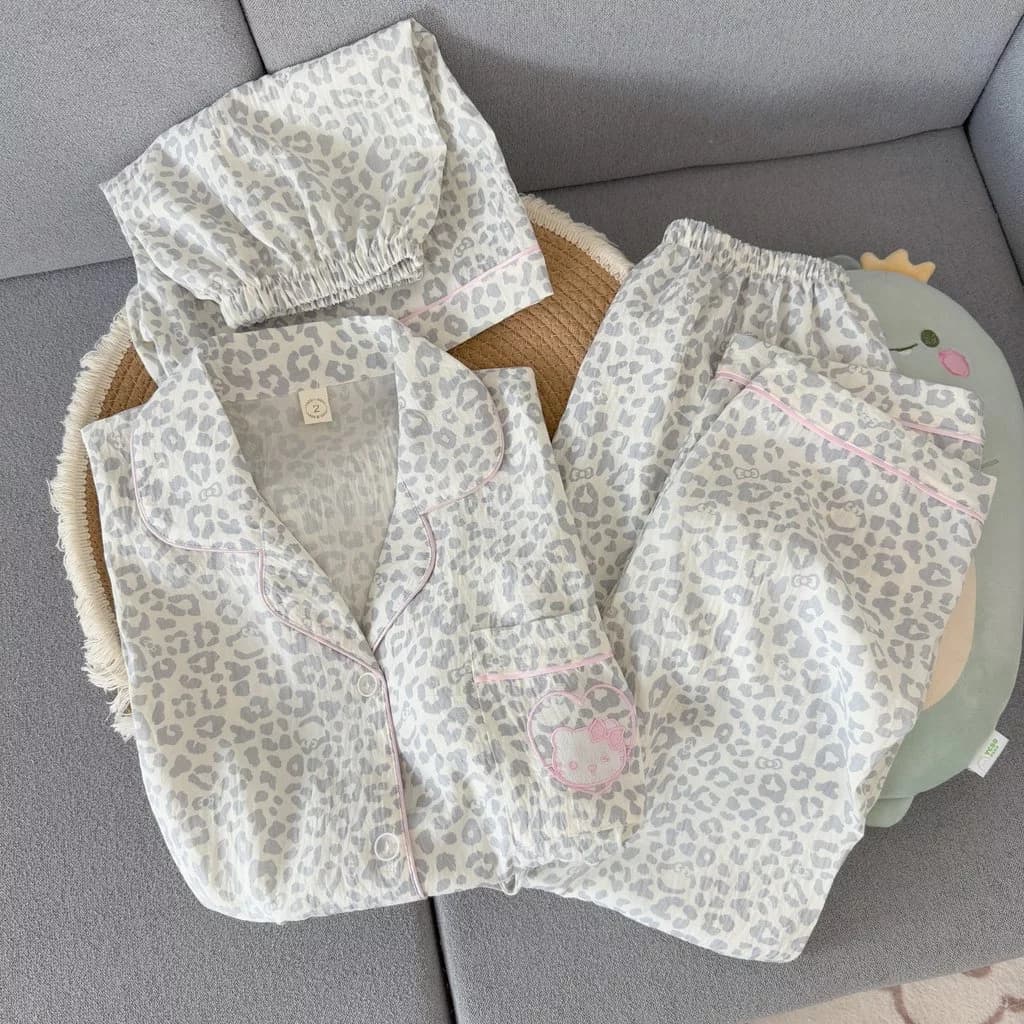 Bộ đồ ngủ nữ 3 món Pijama cotton Mềm mại thoải mái thoáng khí Thêu hoạ tiết dễ thương đồ mặc nhà 349