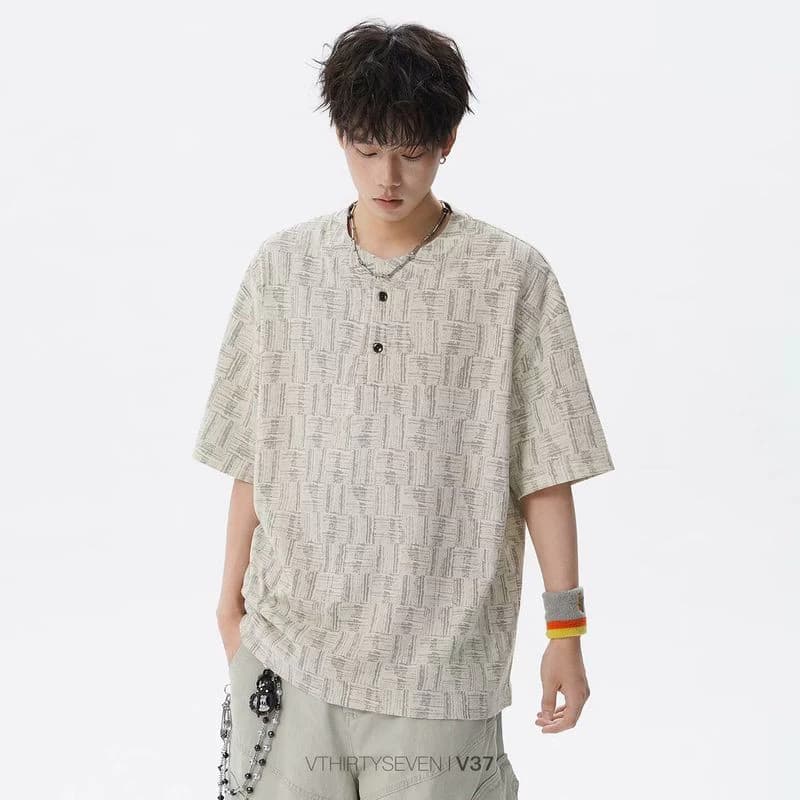 Phong Cách Đường Phố Henley Cổ Áo Thun Tay Ngắn In Hình Cho Nam Thời Trang Mùa Hè Hợp Thời Trang Thoáng Mát