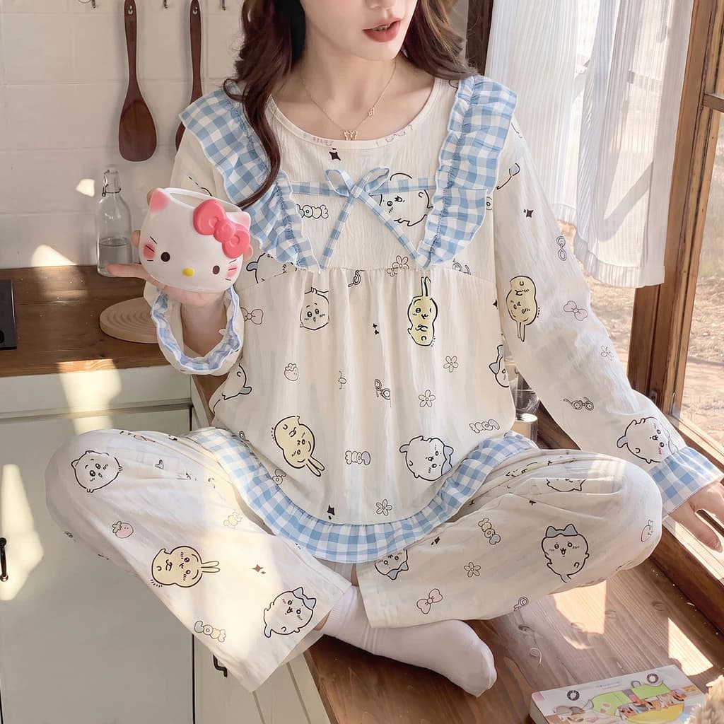 Bộ Đồ Ngủ Nữ Bộ Đồ Ngủ Mùa Thu Đông Tay Dài Đồ Ngủ Người Phụ Nữ Lưới Sọc Mặc Ở Nhà