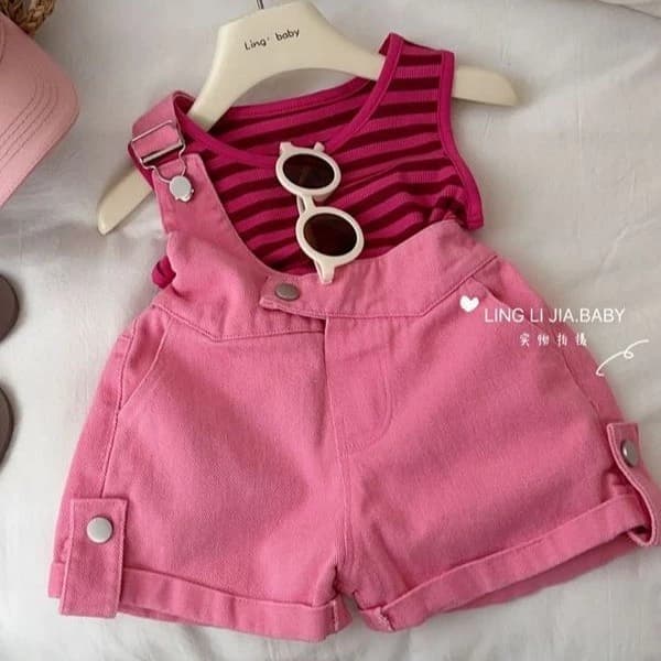 Quần yếm Denim bé gái Bộ đồ 2026 Phong cách mới Quần short Vest sọc cho bé Bộ đồ hai mảnh