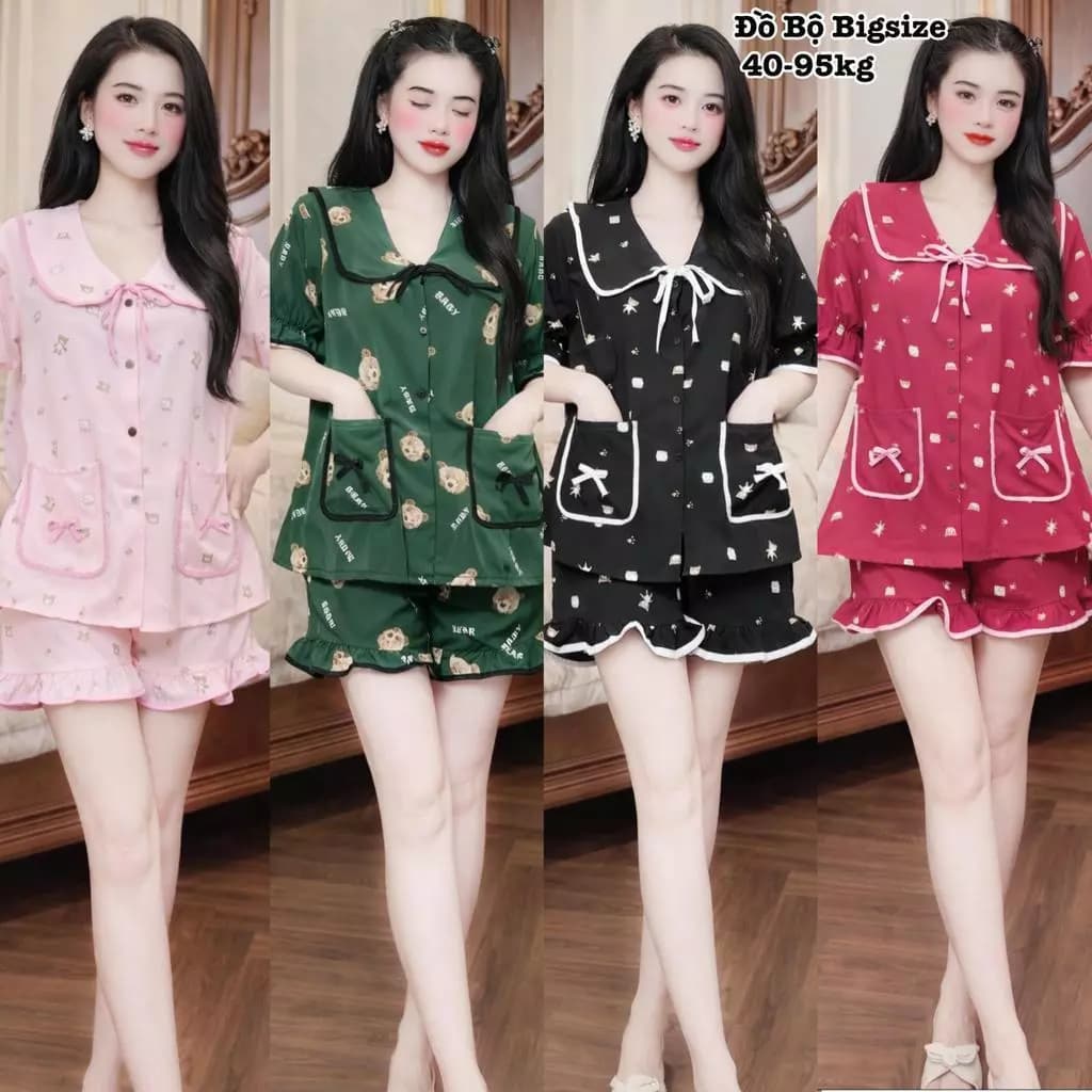 Đồ Bộ Bigsize Nữ Xinh - Đồ Ngủ Pijama Bigsize Mặc Nhà Đùi Viền Bèo Tiểu Thư 2 Túi Nơ Vải Lụa Cao Cấp Xinh 50-100kg 2602
