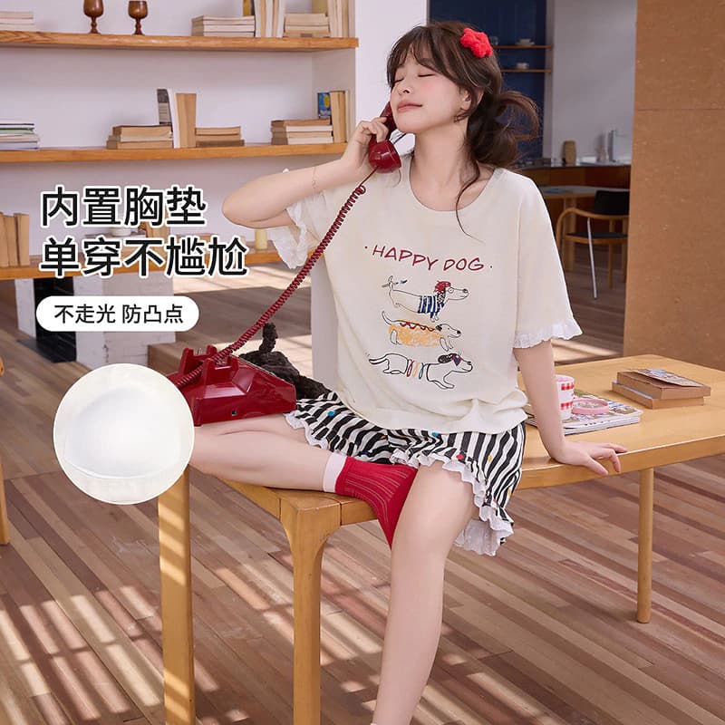 Có Miếng Lót Ngực Bộ Đồ Ngủ Nữ Bộ Đồ Ngủ Mùa Hè Nhẹ Thoải Mái Có Thể Thở Tốt Quần Short Tay Ngắn Bộ 2 Món Có Thể Mặc Bên Ngoài Dễ Thương