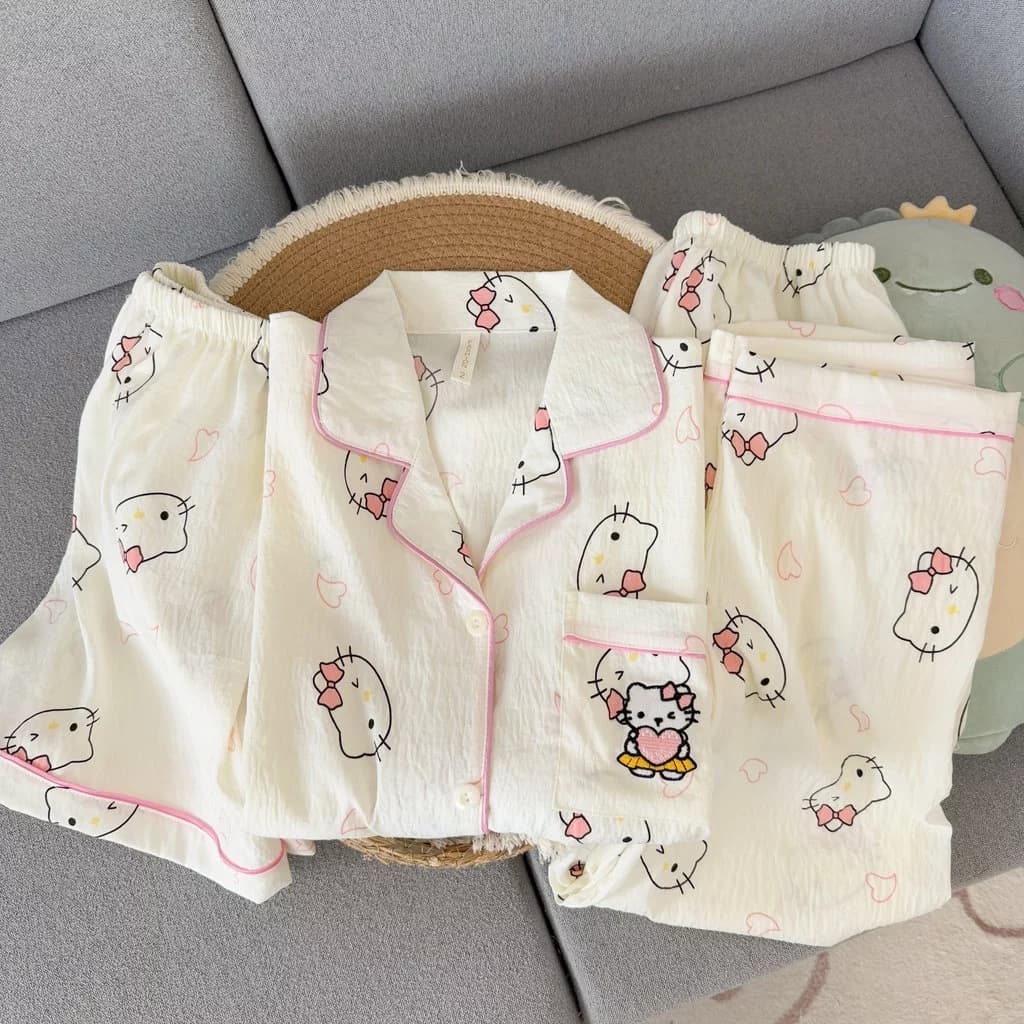 Bộ đồ ngủ nữ 3 món Pijama cotton Mềm mại thoải mái thoáng khí Thêu hoạ tiết dễ thương đồ mặc nhà 380