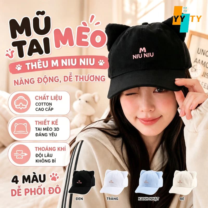 Mũ Lưỡi Trai Tai Mèo 3D Unisex Cotton Thêu Chữ M Vành Cong Thoáng Khí Dễ Phối