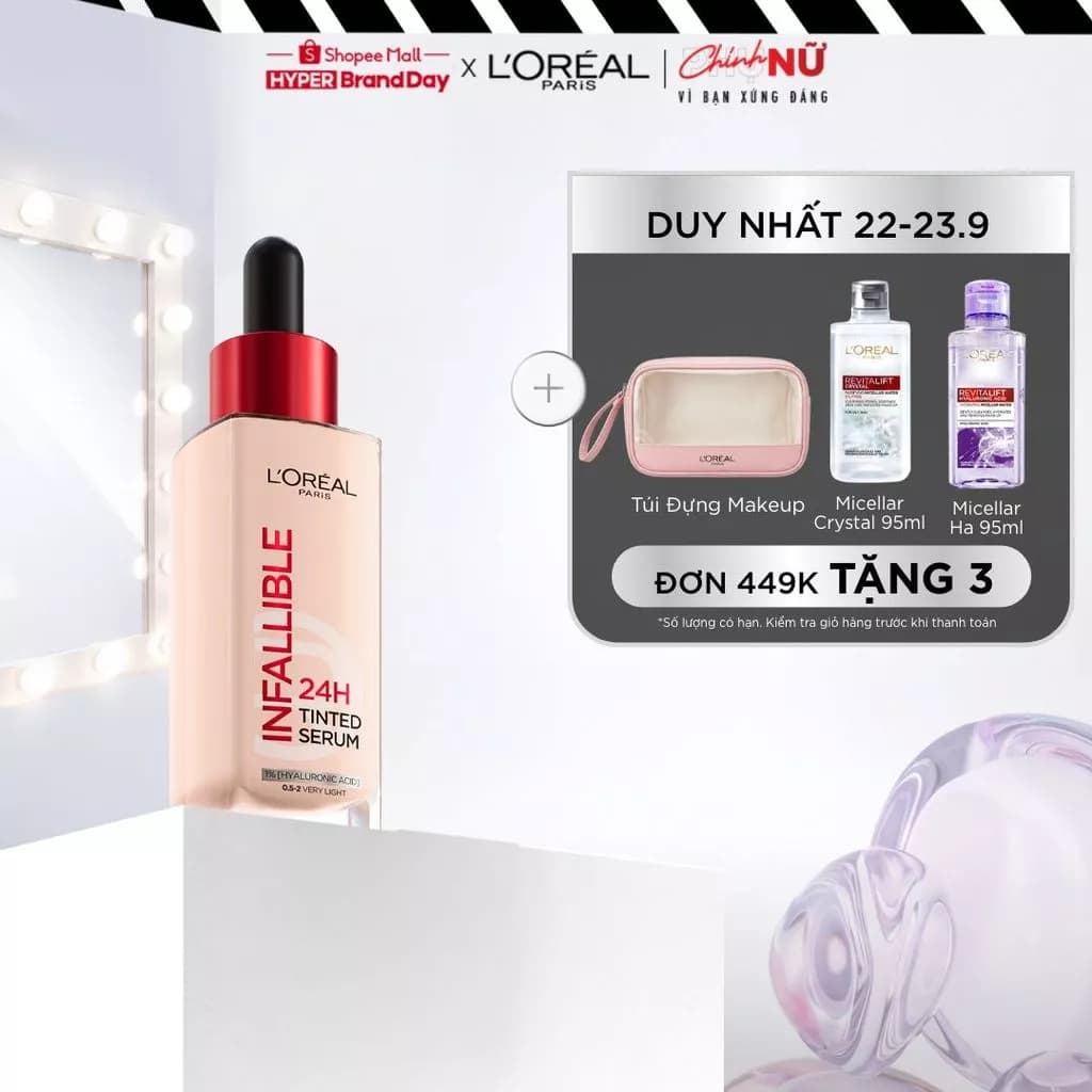 Kem nền dạng serum 24h căng mướt, tự nhiên L'Oreal Paris Infallible 24H Tinted Serum (1% Hyaluronic Acid) 30ml