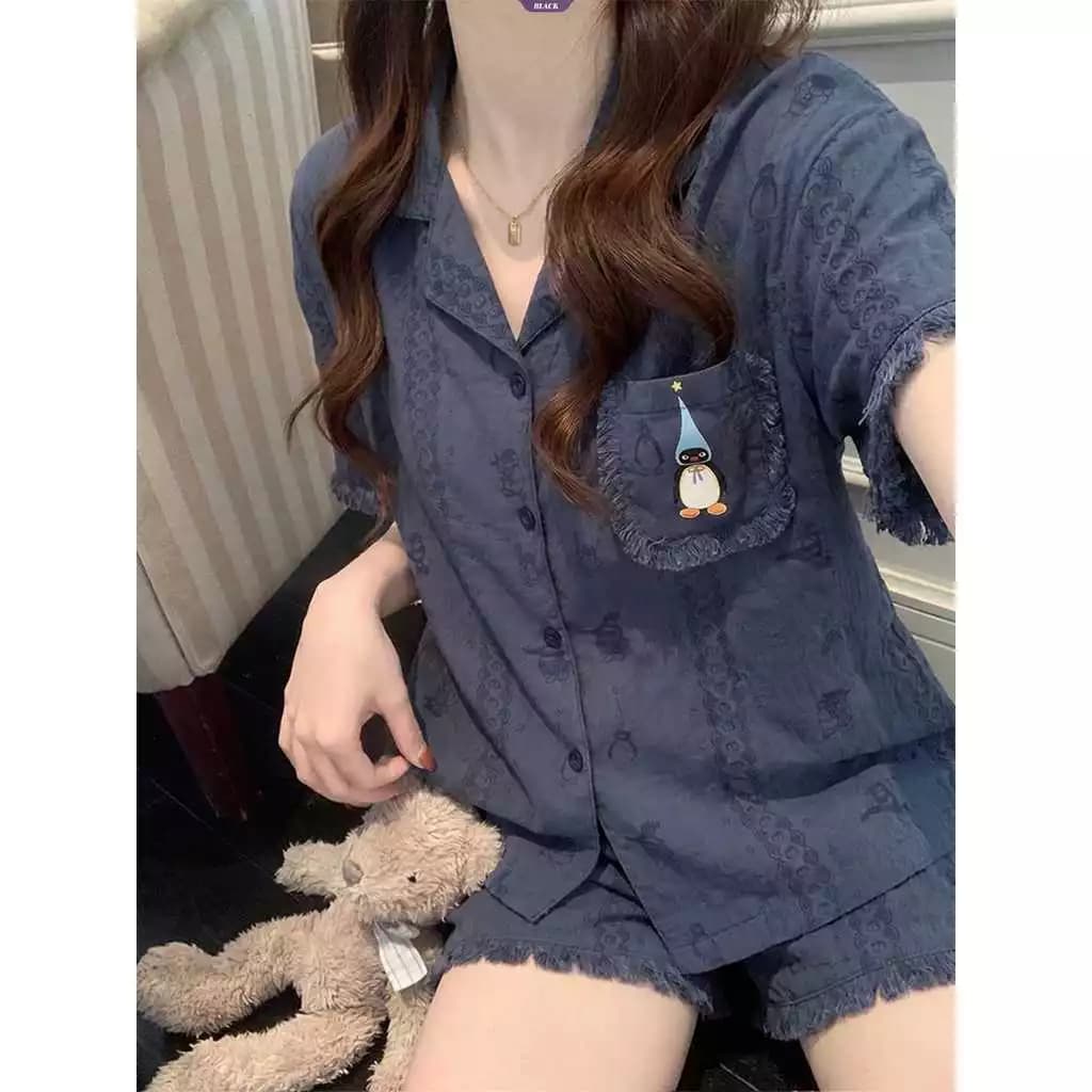 Hannie_Oder-Bộ đồ ngủ chim cánh cụt xanh hải quân phong cách Hàn Quốc dành cho nữ: Bộ đồ ngủ ngắn tay hoạt hình hàng QC