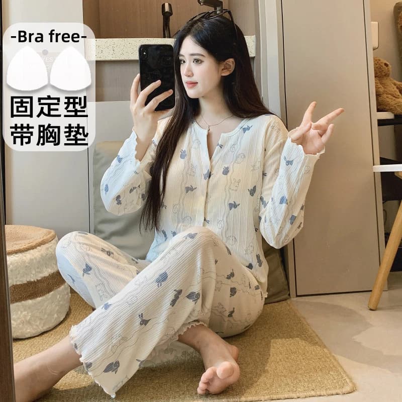 Bộ đồ ngủ nữ cotton có đệm, tay dài, họa tiết dễ thương, mặc nhà mùa xuân thu