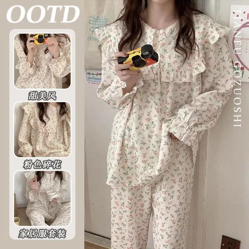 Chất Lượng Cao Poly-Cotton Hoạt Hình Cardigan Pyjama Bộ Dài Tay Cho Nữ Mùa Thu Ins Phong Cách
