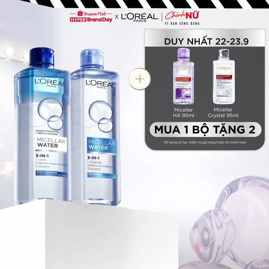 Bộ 2 nuớc tẩy trang đa năng 3in1 L'Oreal Paris Micellar Water 400ml x 2