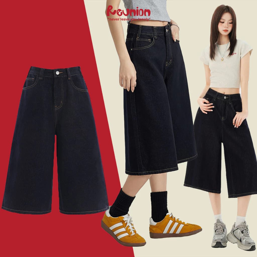 Quần Short Denim Lửng Ống Rộng Cạp Trễ Dày Dặn Baggy Jean Quần Bò Nam Nữ REUNION