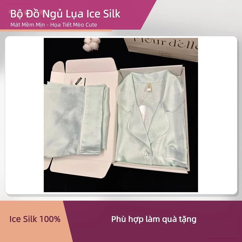 Bộ Đồ Ngủ Nữ Lụa Ice Silk Tay Ngắn Họa Tiết Mèo Cute Mát Mềm Mịn Cho Mùa Hè ✨deerlu05.vn✨