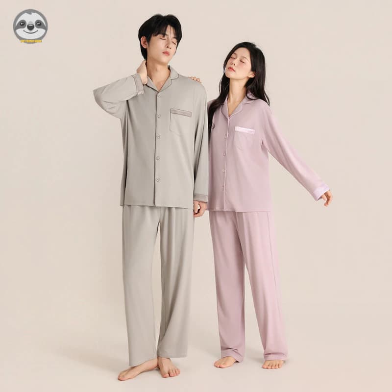 Cặp đôi Phong Cách Modal Khâu Quần Dài Tay Phù Hợp Với / Nam Nữ Ve Áo Đơn Giản Homewear / Bộ Đồ Ngủ Màu Trơn Rời Có Thể Đeo Được