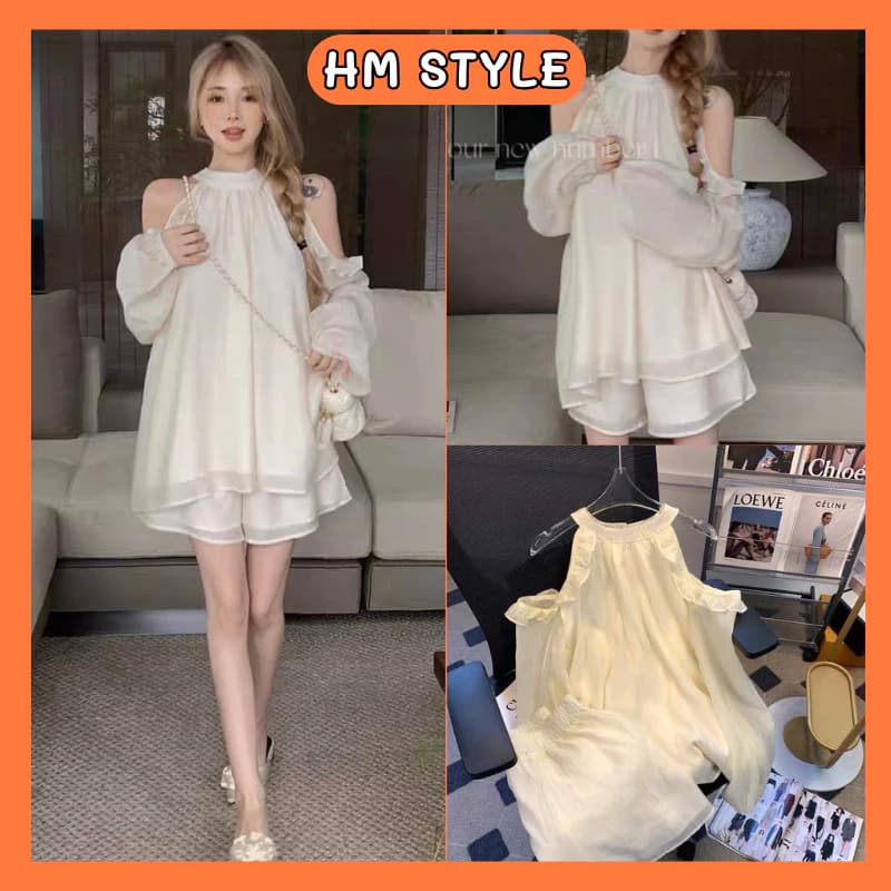 Set Áo Yếm Tay Dài Trễ Vai - Quần Short 2 Lớp Tơ Óng Ánh Dịu Dàng Tiểu Thư HB335 B00940
