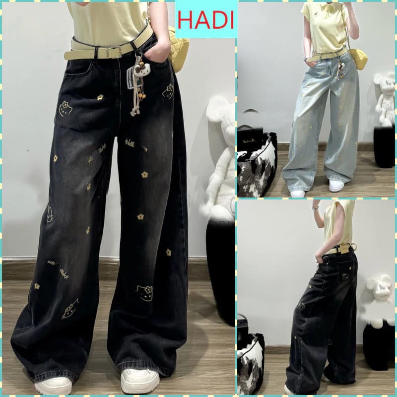 QUẦN JEANS ỐNG RỘNG NỮ LƯNG CAO THÊU MÈO HOA MÀU XANH XÁM LAI CUỐN CÁ TÍNH CHẤT CHƠI WJeans043
