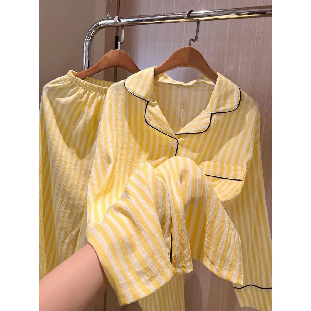 Order - Bộ Pijama Đũi Mây Kẻ Sọc Vàng Chanh, Đồ Ngủ Nữ Dài Tay Chất Bông Mây Hàn Quốc Cao Cấp Mềm Mượt