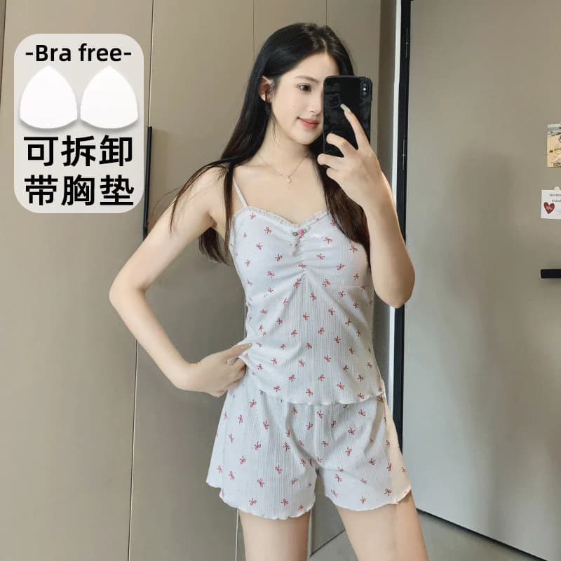 Bộ Đồ Ngủ Nữ Cotton Không Tay Bộ Đồ Ngủ Mùa Hè Đồ Ngủ Người Phụ Nữ Rời Chấm Bi Nơ Mặc Nhà Mỏng