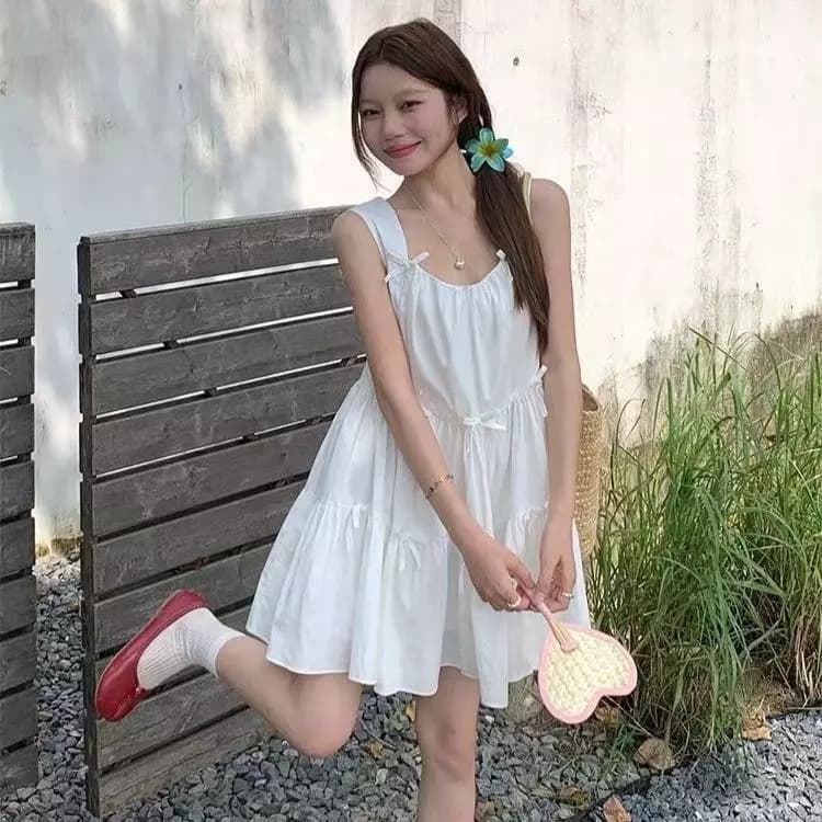 Phụ Nữ Mùa Hè Tươi Ngọt Ngào Nơ Đầm Rời Một Dòng Váy Ngắn phồng
