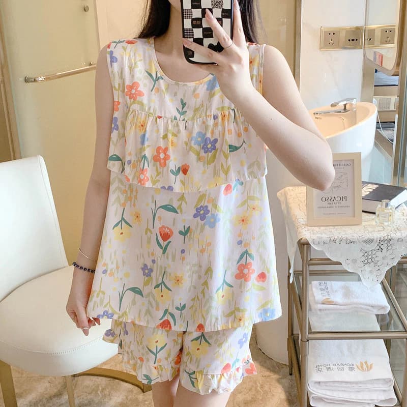 Bộ Đồ Ngủ Nữ Cotton Lụa Mùa Hè Ánh Sáng Thoải Mái Tốt Thoáng Khí Không Tay Quần Short Bộ Đồ Ngủ Bộ 2 Món Có Thể Mặc Bên Ngoài Đồ Gia Đình Dễ Thương