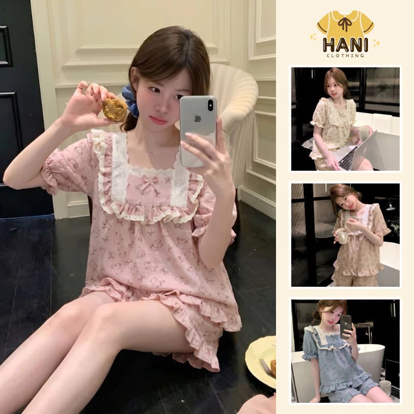 [BigSize40-90kg] Bộ Đồ Ngủ Nữ Pijama Chất Đũi Vân Mây Tiểu Thư HANI Thiết Kế Babydoll Đáng Yêu Chất Mềm Mịn Mát HK01
