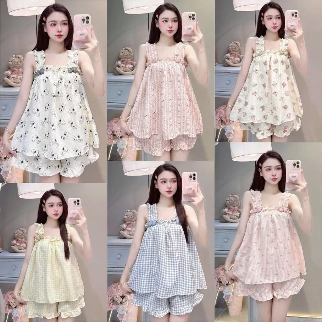 Bộ Đồ Ngủ Nữ JUSOKA  Pijama DU54 Đũi Vân Mây 2 Dây Viền Bèo Đính Nơ Mềm Mịn Cao Cấp Thoải Mái Dễ Thương