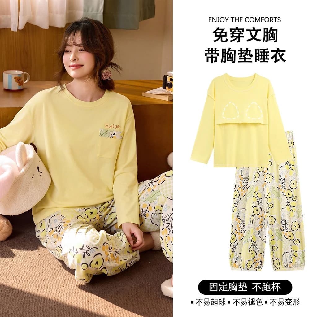 Bộ Đồ Ngủ Đệm Nữ 100% Cotton Nguyên Chất Bộ Đồ Ngủ Mùa Thu Đông Tay Dài Đồ Ngủ Người Phụ Nữ Hoạt Hình Dễ Thương Mặc Nhà