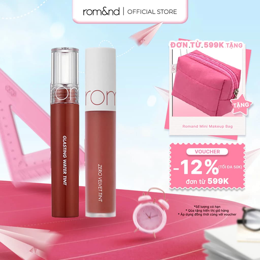 Combo Son kem lì Romand New Zero Velvet Tint 5.5g + Son tint nước Romand Glasting Water Tint 4g