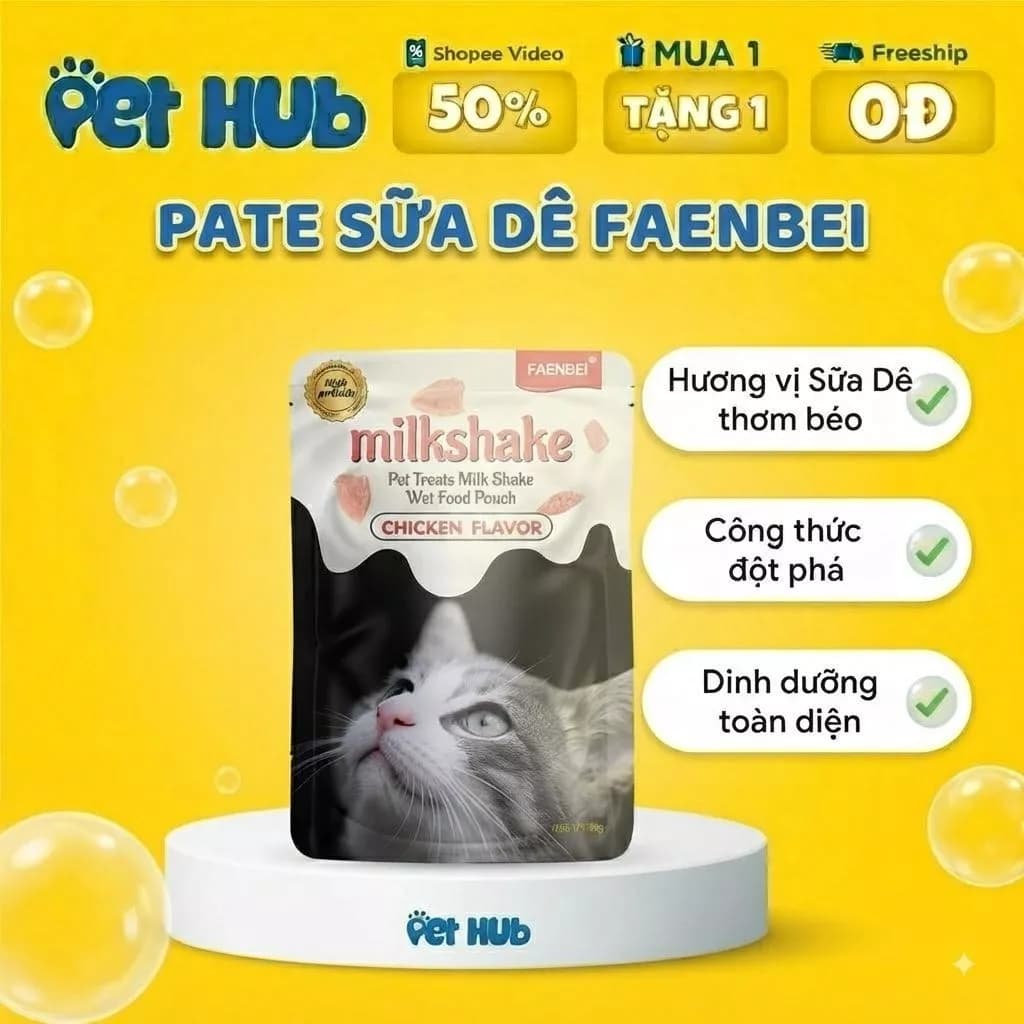 [COMBO 20-10-5] Pate MILKSHAKE FAENBEI, Pate Cho Mèo dạng Sữa Lắc vị thịt gà, Ngon miệng, Dinh dưỡng cao Gói 85g