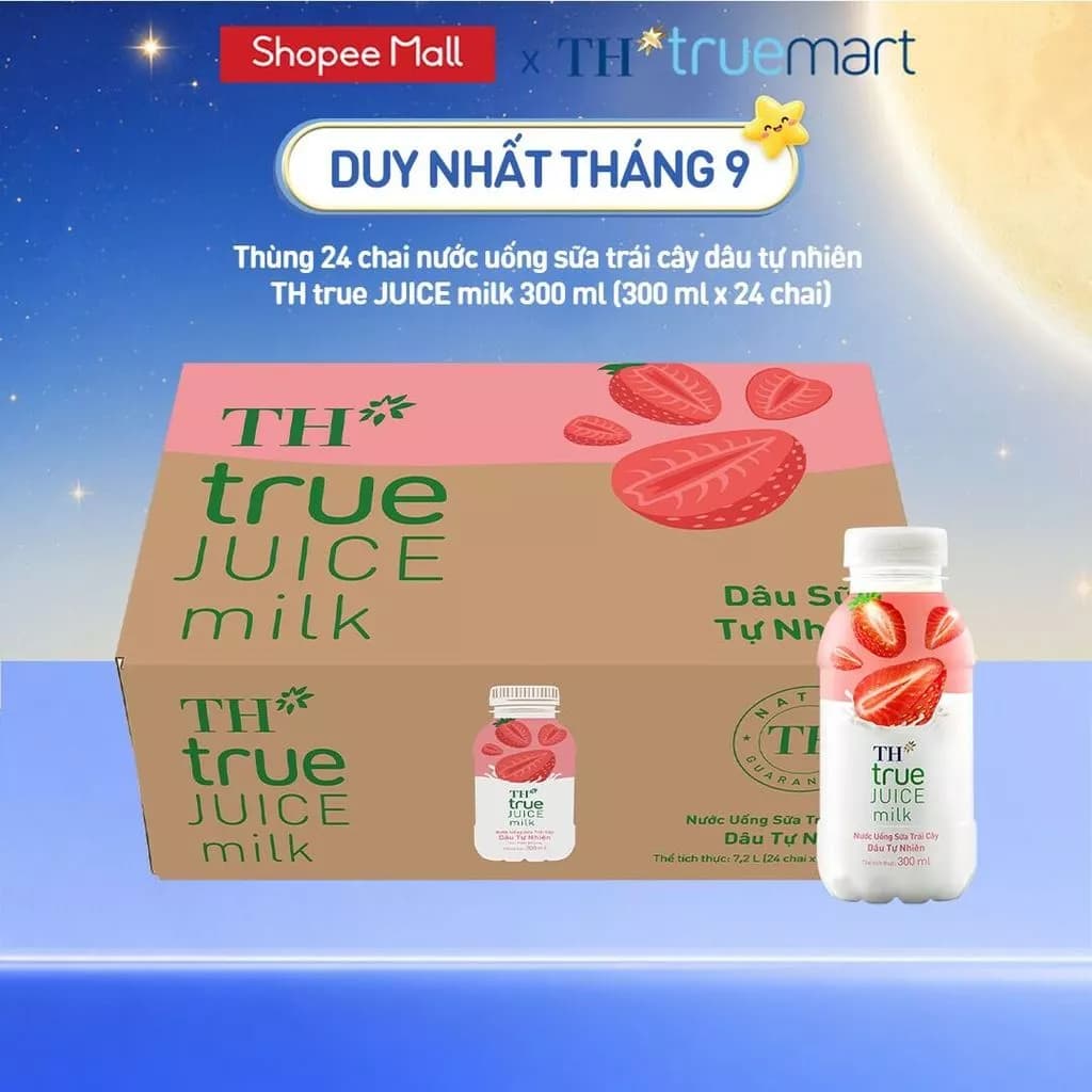 Thùng 24 chai nước uống sữa trái cây TH true JUICE milk dâu tự nhiên 300 ml (300 ml x 24)