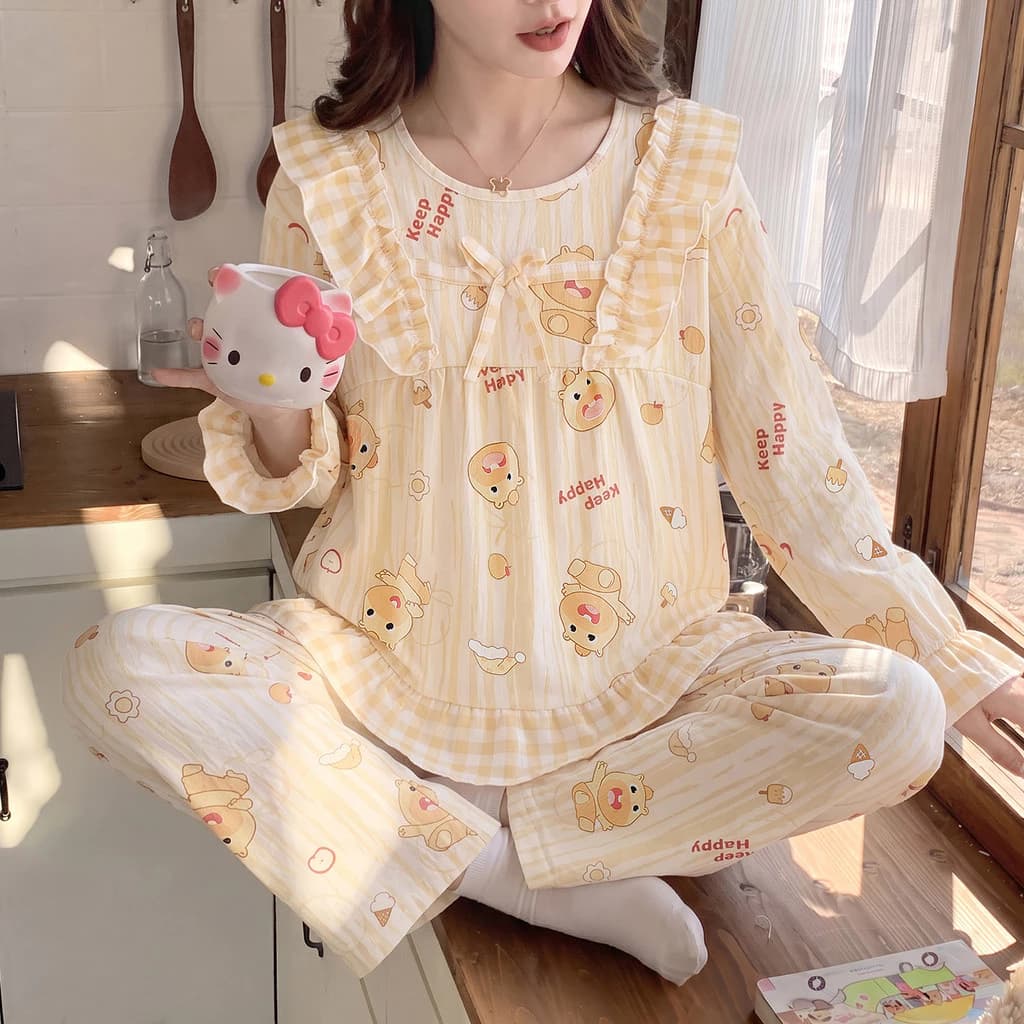 Bộ Đồ Ngủ Nữ Bộ Đồ Ngủ Mùa Thu Đông Tay Dài Đồ Ngủ Người Phụ Nữ Lưới Sọc Mặc Ở Nhà