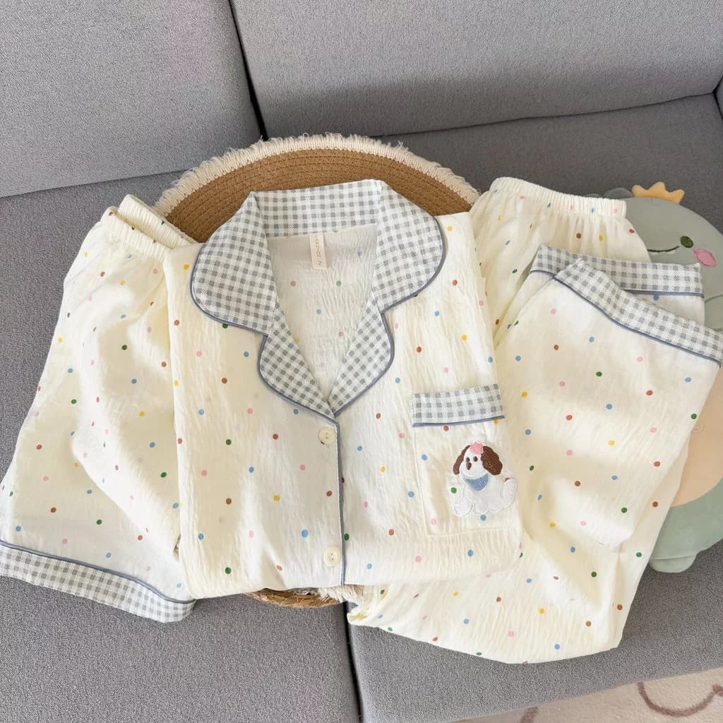 Bộ đồ ngủ nữ 3 món Pijama cotton Mềm mại thoải mái thoáng khí Thêu hoạ tiết dễ thương đồ mặc nhà 383