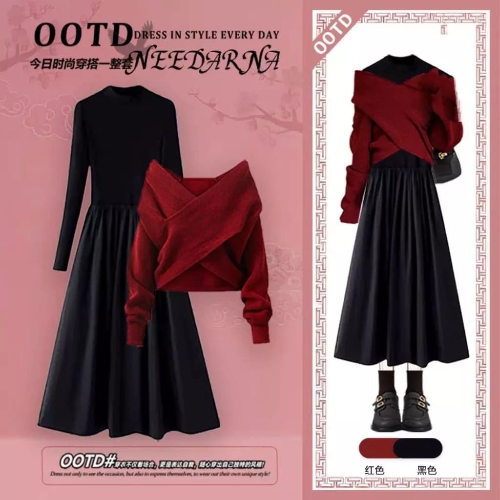 Bộ Đồ 2 Món Váy Len Crochet Màu Đỏ Thanh Lịch Dáng Đầm Cho Mùa Xuân Hè Và Tết Mới Nhất Phong Cách Quý Cô Giàu Có