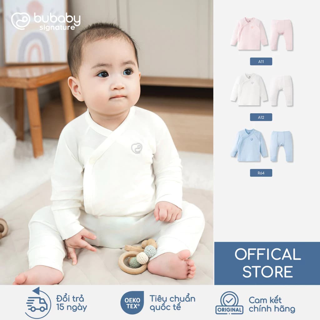 Bộ quần áo dài tay cài chéo Bambus BU Baby, bộ dài tay sơ sinh, bộ dài tay cho bé trai gái | SBB110804