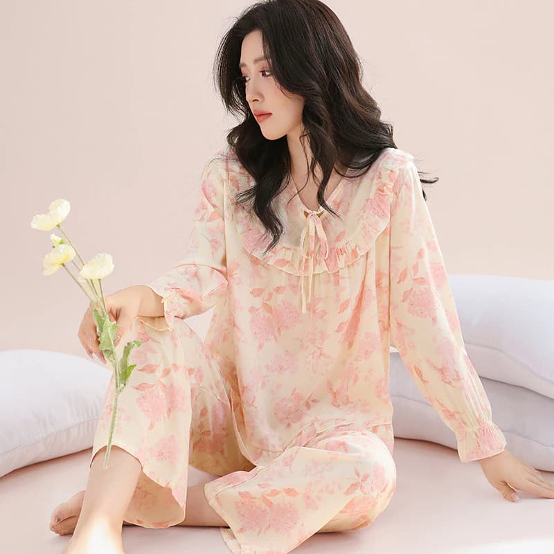 Bộ Đồ Ngủ Nữ Lụa Cotton Nhẹ Thoải Mái Dễ Thương Có Thể Thở Tốt Quần Dài Tay Ngọt Ngào Bộ Đồ Ngủ Dễ Thương Bộ 2 Món Có Thể Mặc Bên Ngoài Đồ Gia Đình Nữ