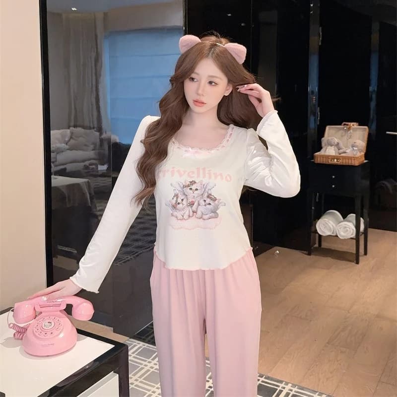 TEEFENG Bộ Đồ Ngủ Modal Cotton Ren Phong Cách Công Chúa Tay Dài Cho Mùa Thu Miếng Lót Ngực Mặc Nhà