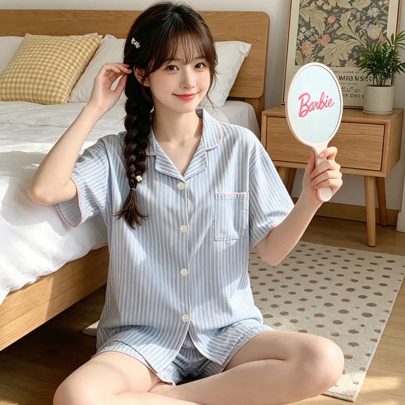 [40-72.5kg] Bộ đồ ngủ ngắn tay sọc xanh phong cách ins Bộ đồ ngủ nữ đơn giản mềm mại thoải mái có thể mặc bên ngoài Bộ đồ ngủ nữ
