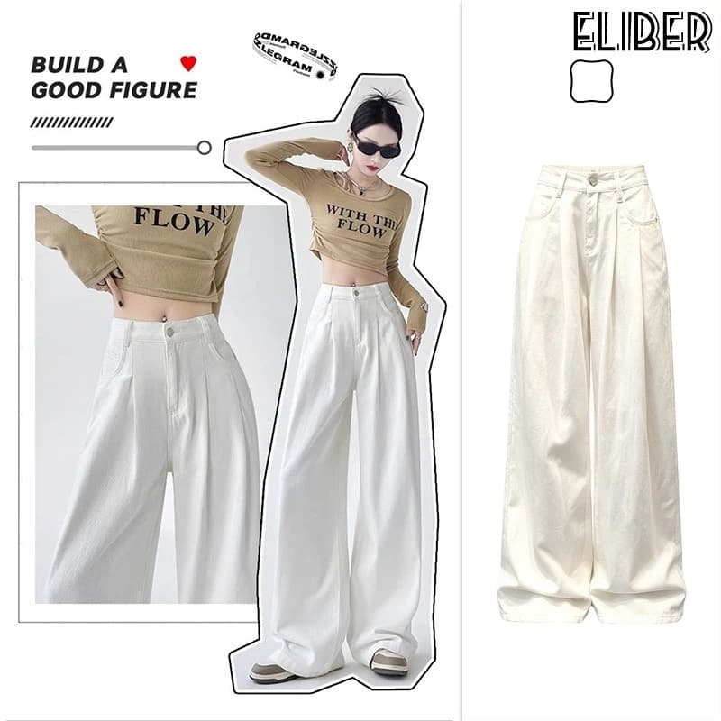 ELIBER- Quần Bò Ống Rộng Xếp Ly Màu Trắng Quần Ống Đứng Ống Đứng Tôn Dáng Gầy Cạp Cao Cho Nữ