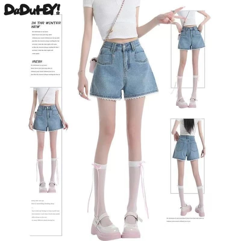 DaDuHey Quần Short Bò Ren Màu Nhạt Quần Hot Girl Chữ A Ống Rộng Rộng Rãi Cạp Cao Mẫu Mỏng Mùa Hè Cho Nữ
